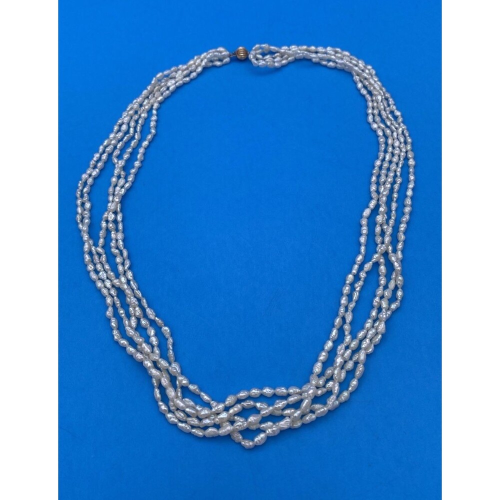 Genuine Pearl 5 Strands Necklace With 14K Yellow Gold Clasp
